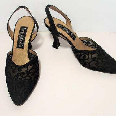 Vintage 1980s Kenneth Cole Slingback Pumps, 7.5 B Women, black flocked mesh 