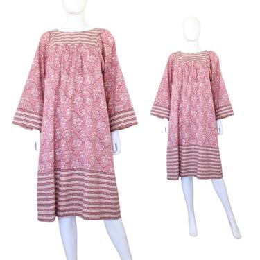 1970s Indian Cotton Dress - 70s Pink Paisley Dress - 70s Fall Print Dress - 1970s Peasant Dress - 1970s Boho Dress - 70s Dress | Size Large 