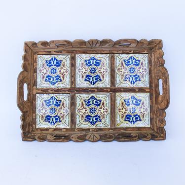 Vintage Hand Made Painted Tile and Carved Wood Tray - Made in Mexico 