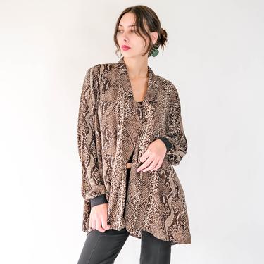 Vintage 80s Flora Kung Silk Snakeskin Unstructured Blazer | 100% Silk | Animal Print, Bohemian, Kimono | 1980s Designer Boho Silk Jacket 