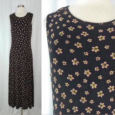 Vintage 2000 Y2K Medium Black Acetate Sleeveless Maxi Dress - Slinky Floral Print Sheath Dress 