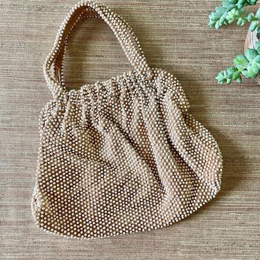 Vintage Beaded Bag - Beige with Ivory Color Beads - Small Purse with Handle - Vintage Beaded Purse - Boho Style Bag 