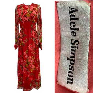 Vtg Vintage 1960s 60s Designer Adele Simpson Floral Silk and Chiffon Host Gown 