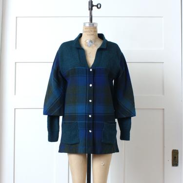 handmade womens plaid coat • Pendleton wool & hand knit accents • bell sleeve sweater jacket in blue and green 