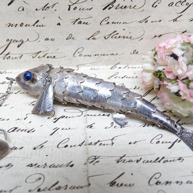 Antique Sterline Silver Articulated Fish Pin, Vintage Jewelry 