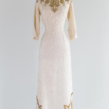 Vintage Late 1950's Beaded Ivory &amp; Gold Evening Wedding Gown By Bruce Arnold / Medium