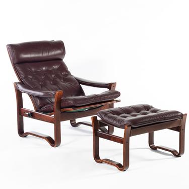 Burgundy Tufted Leather Lounge Chair and Ottoman in Striking Afromosia 