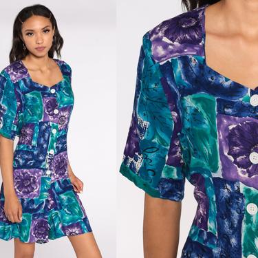 Blue Floral Romper 90s Grunge Mini Purple Button Up Playsuit Wide Leg 1990s Boho Vintage Short Sleeve Summer Rayon Medium 