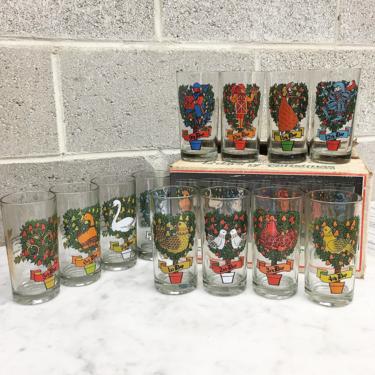 Vintage Drinking Glasses Retro 1960s Jeannette Glassware + 12 Days of Christmas + 12 Oz + Holiday Drinkware + Tumblers + MCM + Kitchen Decor 