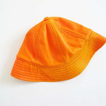 Vintage Orange Bucket Hat - Pleather Bright Neon Orange Fisherman Hat - High Vis Adult Bucket Hat - Sun Faded Hat - 90s Y2K Hat 