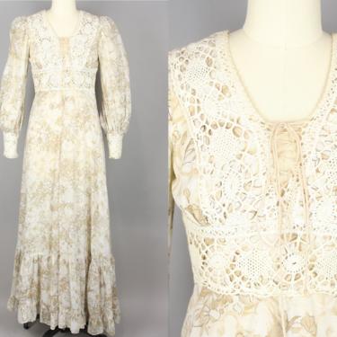 1970s Gunne Sax Dress · Vintage 70s Crochet & Floral Cotton Voile Maxi Dress · Extra Small 