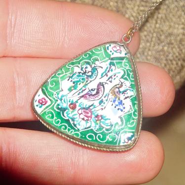 Vintage Hand Painted Bird Pendant, Reversible Two-Sided Red &amp; Green Pedant, Triangular Pendant W/ Silver Frame, Scenic Painting, 1 1/2” L 