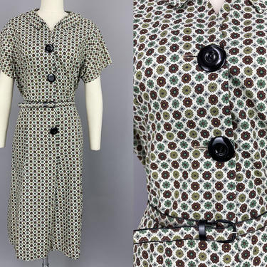 1960s Cotton Dress with BIG BUTTONS | Vintage 60s Printed Day Dress with Pockets and Belt | large / xl 