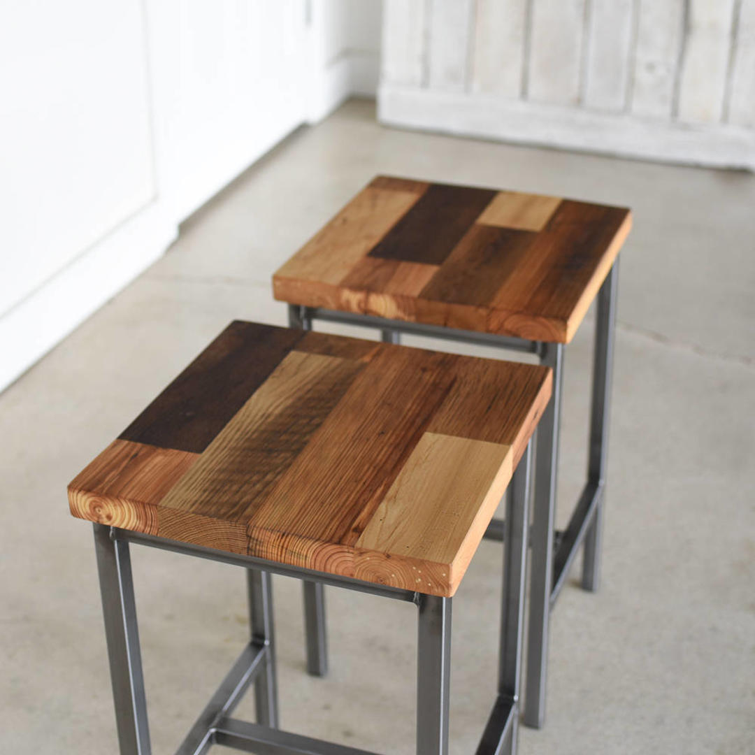 Rustic Bar Stool / Patchwork Industrial Stool / Reclaimed Wood Counter