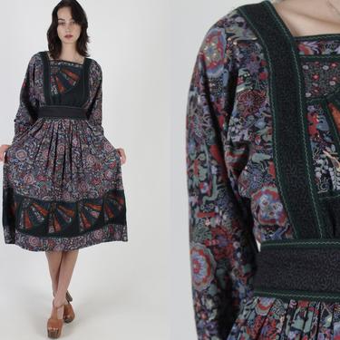Asian Folklore Floral Dress / Fan Print Patchwork Design / Vintage 80s Japanese Country Dress / Prairie Festival Belted Midi Mini Dress 