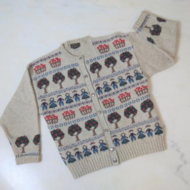 Vintage 1980s wool cardigan, scenic, figural, folk sweater, apple trees, medium, large 