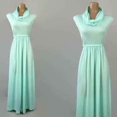 VINTAGE 70s Pastel Wintergreen Mint Cowl Neck Maxi Dress | 1970s Long Hostess Gown | Vintage Studio 54 Disco Party Dress sz 7 