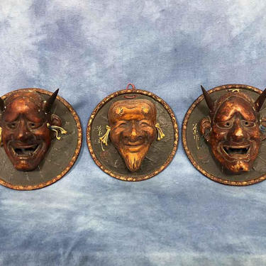 Set of Three Vintage 7&amp;quot; Japanese Hannya Mask Plaques, Oni, Demon, Devil Ogre 