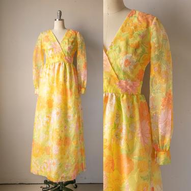 1970s Maxi Dress Chiffon Floral S 