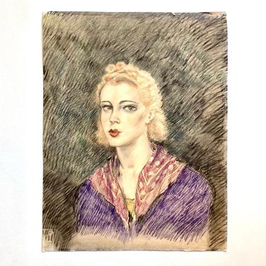 Antique Art Deco Portrait Drawing of Young Woman, likely Edouard Chimot 1930s 