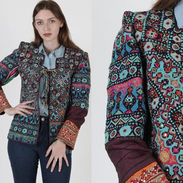 Indian Jacket India Coat / Silk Embroidered Jacket / Sequin Adorned Bohemian Blazer Jacket / Vintage 80s Ethnic Coat Floral Festival Jacket 