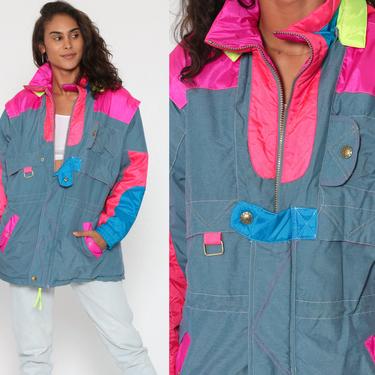 Neon SKI Jacket 90s Puffy Grey Jacket Windbreaker Puffer Coat 80 | Shop ...