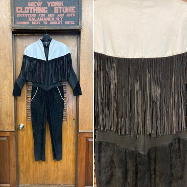 Vintage 1980’s Black &amp; White Fringe New Wave Cowboy Leather Western Jumpsuit, 1980’s Jumpsuit, Vintage Fringe, New Wave, Black And White 