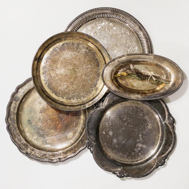 Vintage Patina Aged Silverplate Trays, Vintage Barware, Hanging Tray Wall Decor, Tarnished Serving Trays, Round Tray 