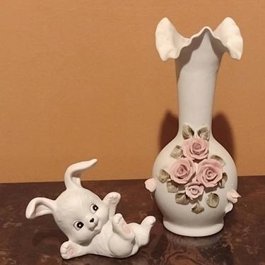 Vintage Arnart Porcelain Rose Flower Vase & Homco Rabbit Figurine 7" 