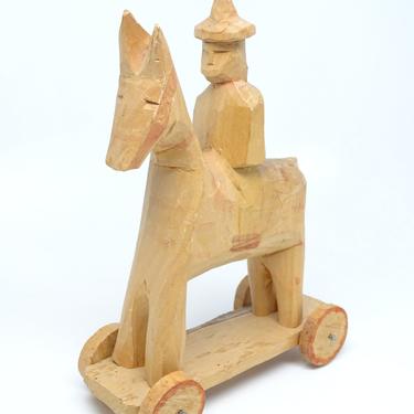 Vintage Hand Carved Wood Horse with Santos Rider Pull Toy, Vintage Primitive Mexican Folk Art 