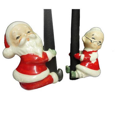 Vintage Christmas Candle Hugger - Vintage Santa &amp; Mrs Claus Candle Climber, Mid Century Christmas, Ceramic Lefton Christmas, Taper Candle 