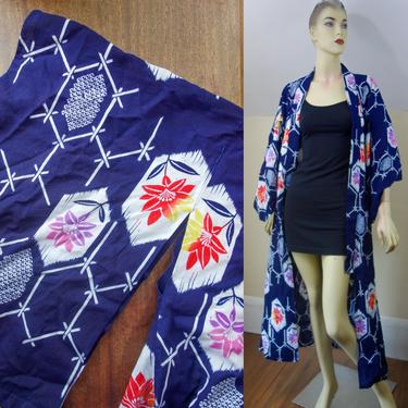 Vintage cotton kimono long robe in rich blue, white, vibrant pink & orange, dressing gown, long ankle length bathrobe w/ angel wing sleeves 
