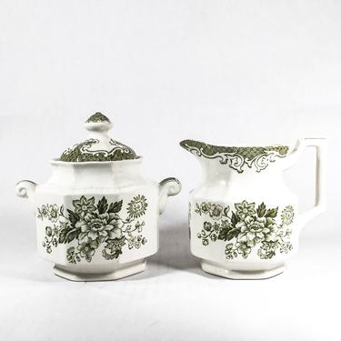 Cream and Sugar Serving Set | Kensington Balmoral 1801 | Staffordshire IronStone China | Green and White Transferware 