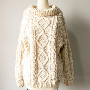 1970s Wool Fisherman Sweater Hand Knit M 