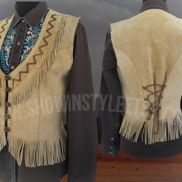 Vintage Western Women's Cowgirl Suede Vest, Fringed Leather Vest with Leather Trim, Made in Mexico, Approx. Size Small (see meas. photo) 