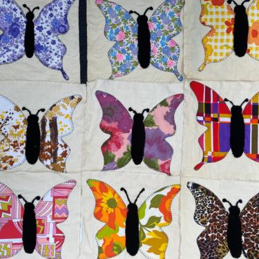 Vintage 70's Butterfly Quilt Squares, Appliqued Butterflies With Black Felted Body, Quilting Blocks, Lot Of 24, Partially Constructed 