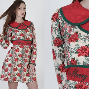 Vintage 80s Merry Christmas Dress / Holiday Floral Holly Novelty Mini Dress 