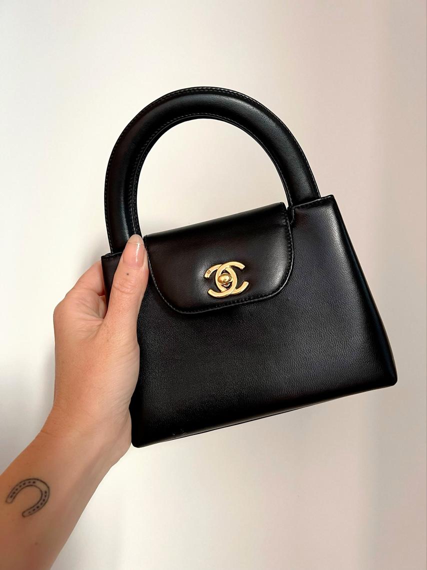 Vintage Chanel Kelly Top Handle Bag Black Denim Gold Hardware – Madison  Avenue Couture