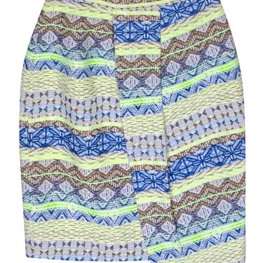 Daniela Corte - Blue, Brown &amp; Neon Green Tribal Print Pencil Skirt w/ Draped Front Sz XS