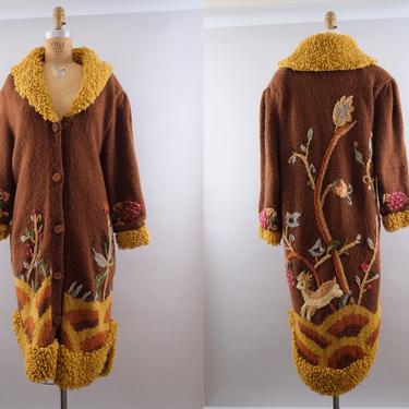 Vintage 70s Embroidered Wool Knit Sweater Coat Forest Scene 