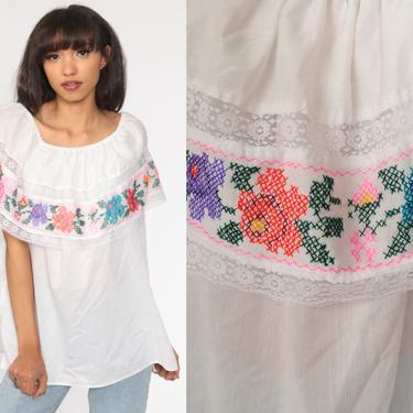 White Mexican Blouse Peasant Embroidered Top Hippie Boho Off Shoulder Cotton Tunic Bohemian Floral Vintage Smock Tent Shirt Medium Large 