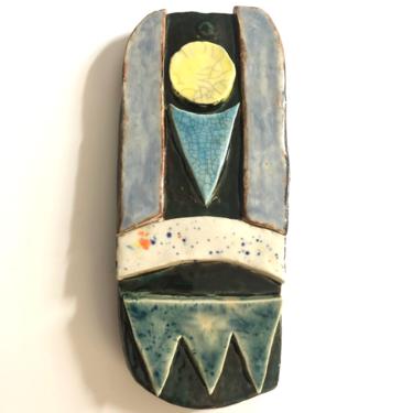 Unique Abstract Ceramic Wall Art Plaque is hand built with crackle and multi-color glazes 3” W x 7” H 