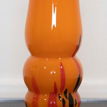 Czech Glass Orange Vase with Blue & Yellow Designs 