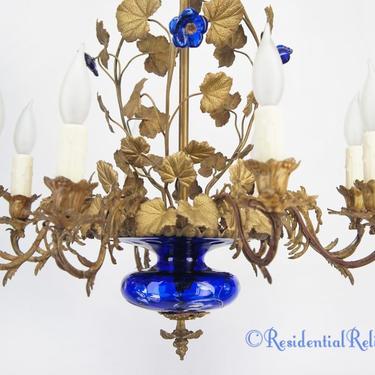 French 8-candle brass and blue glass chandelier, circa 1890s