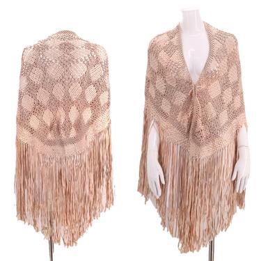 20s romantic knotted silk ribbon Deco fringe shawl / vintage 1920s antique ivory crochet flapper large wrap cape 