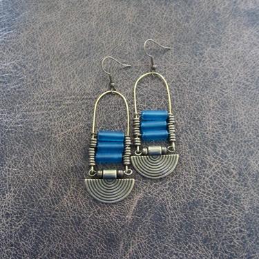 Baby blue sea glass earrings, chandelier earrings, statement earrings, bold earrings, etched bronze earrings, tribal ethnic earrings, chic 