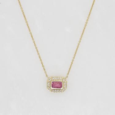 Aurora Baguette Pink Tourmaline &amp; Diamond Halo Necklace