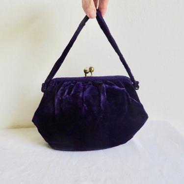 Vintage 1940's Purple Velvet Purse Top Handle Gold Clasp and Hardware Evening Cocktail Party WW2 Era 40's Handbags 