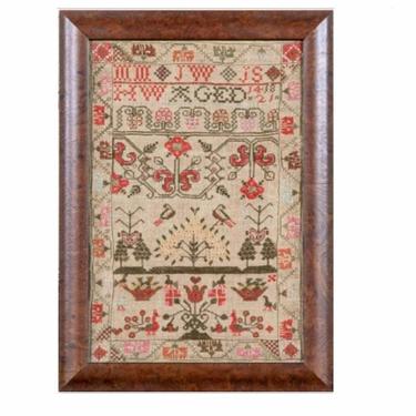 Early 19th Century Scottish Antique Needlework Sampler Signed HW, Age 14, Dated 1821, in Glazed Burl Wood Frame 