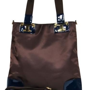 Tory Burch - Brown Nylon Convertible Tote w/ Navy Patent Leather Trim